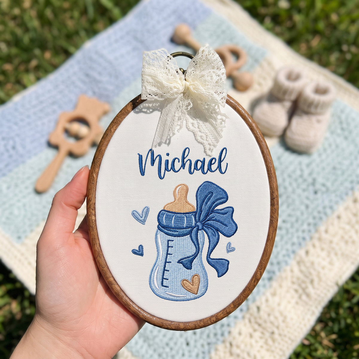 Personalized Baby Name Blue Feeding Bottle Embroidery Hoop Art Nursery Decor Keepsake