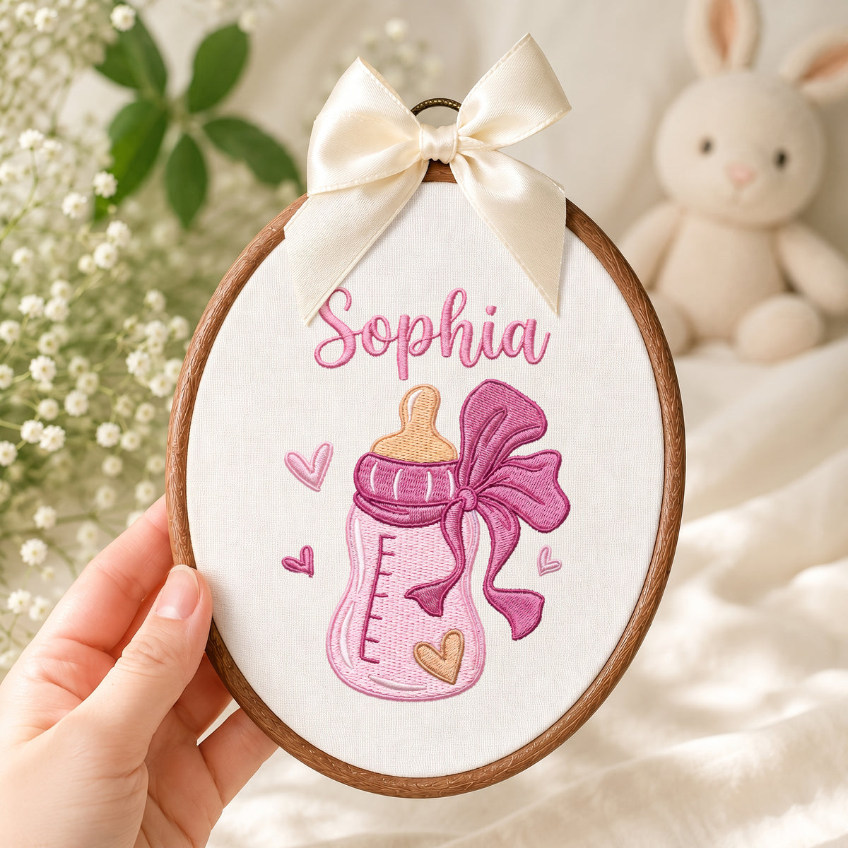 Personalized Baby Name Pink Feeding Bottle Embroidery Hoop Art Nursery Decor Keepsake