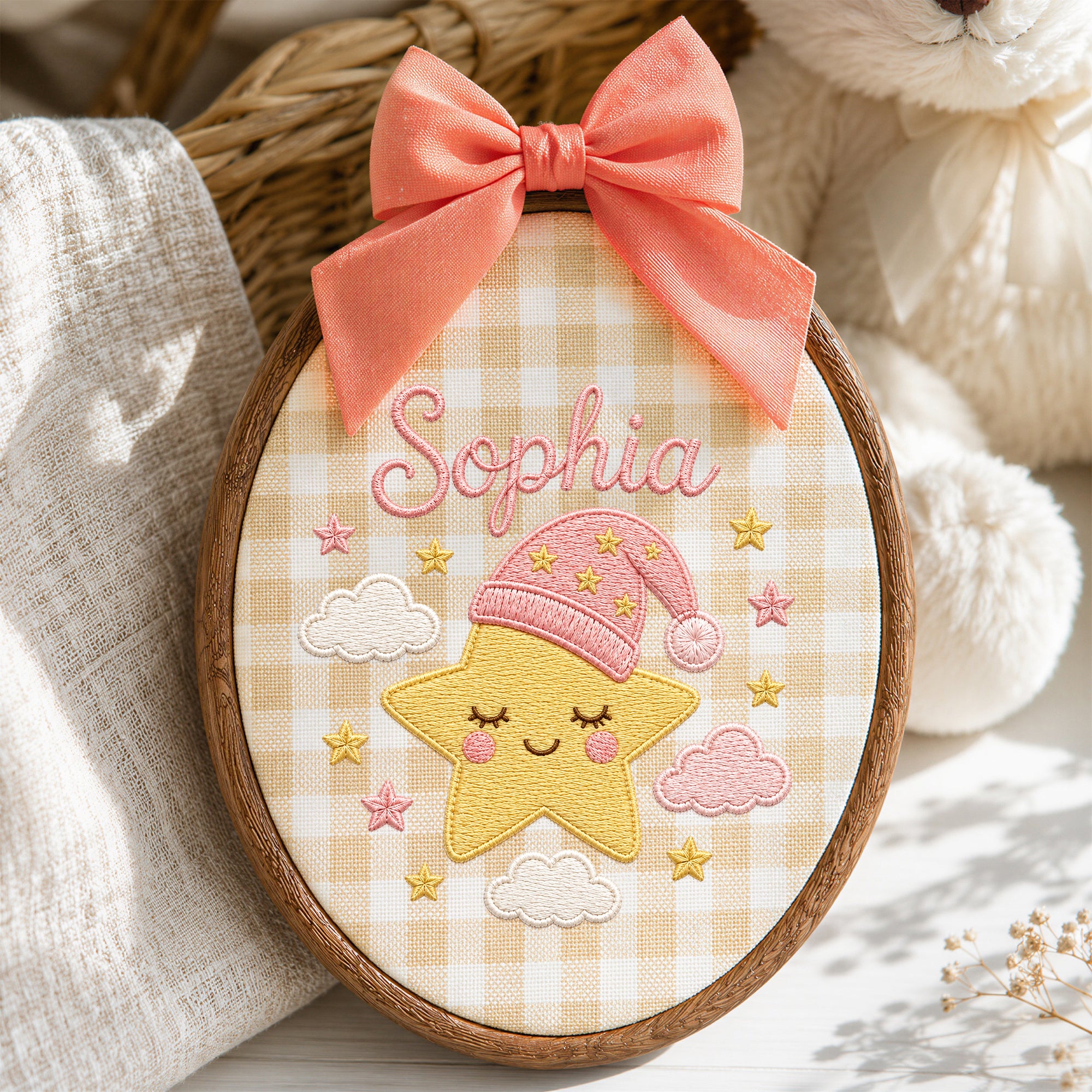 Personalized Baby Name Embroidered Hoop Wall Art - Sleeping Star Nursery Sign Gift