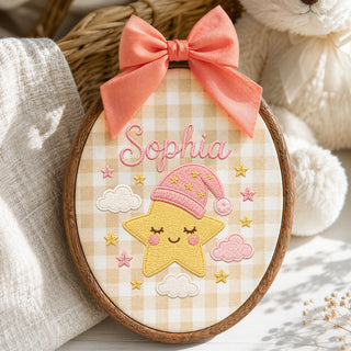 Personalized Baby Name Embroidered Hoop Wall Art - Sleeping Star Nursery Sign Gift