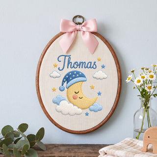 Handmade Baby Name Sleepy Moon Embroidery Hoop Art Custom Nursery Wall Decor Keepsake
