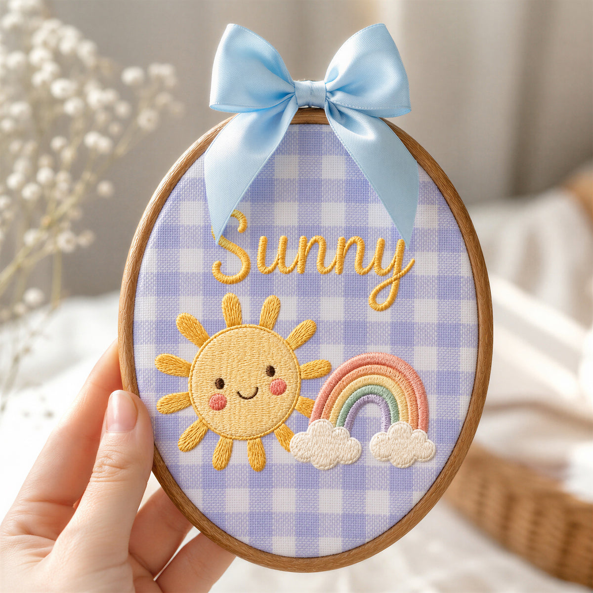 Personalized Baby Name Sunshine Rainbow Embroidery Hoop Art Custom Nursery Decor Keepsake