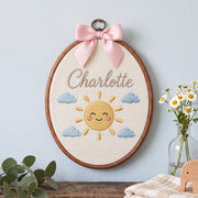 Handmade Baby Name Smiling Sun Embroidery Hoop Art Custom Nursery Wall Decor Keepsake