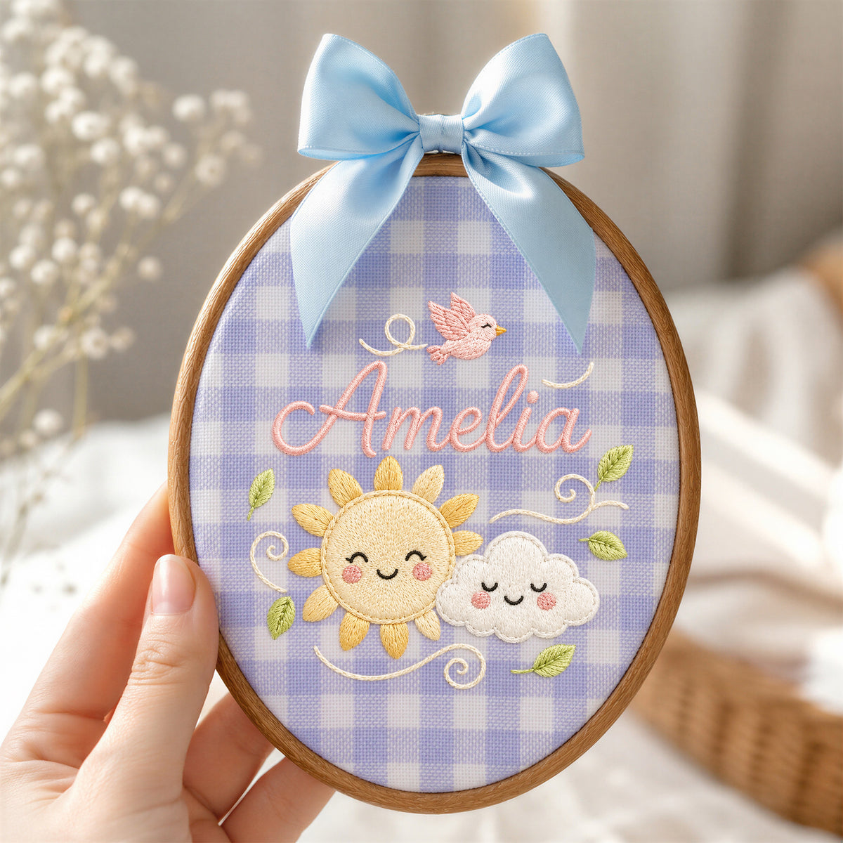 Custom Baby Name Sun Cloud Bird Embroidery Hoop Art Custom Nursery Decor Keepsake