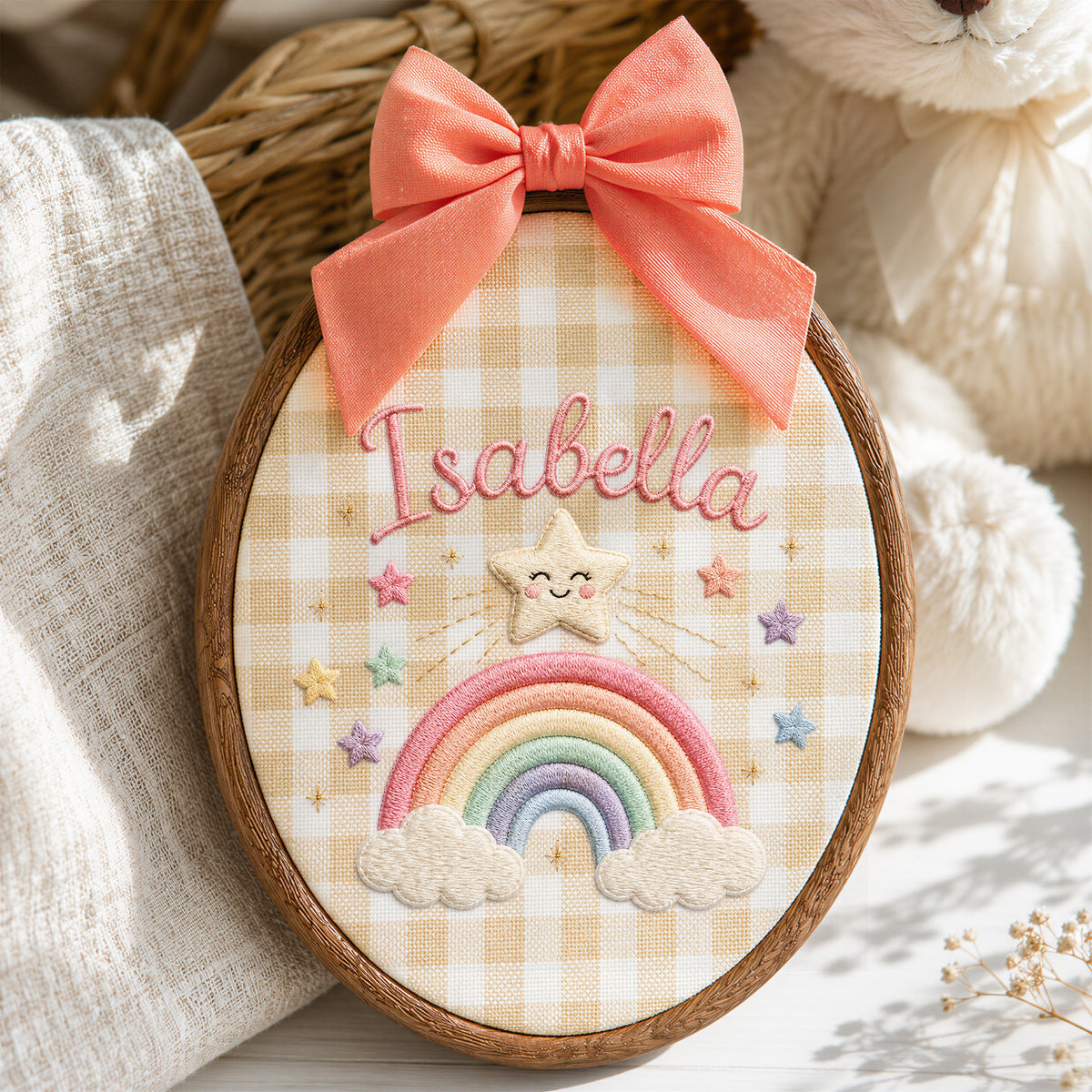 Custom Baby Name Rainbow Star Embroidery Hoop Art Custom Nursery Wall Decor Keepsake