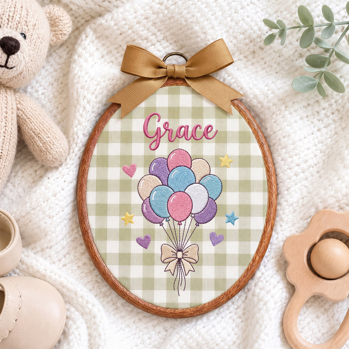 Personalized Baby Name Balloon Embroidery Hoop Art Custom Nursery Wall Decor Keepsake
