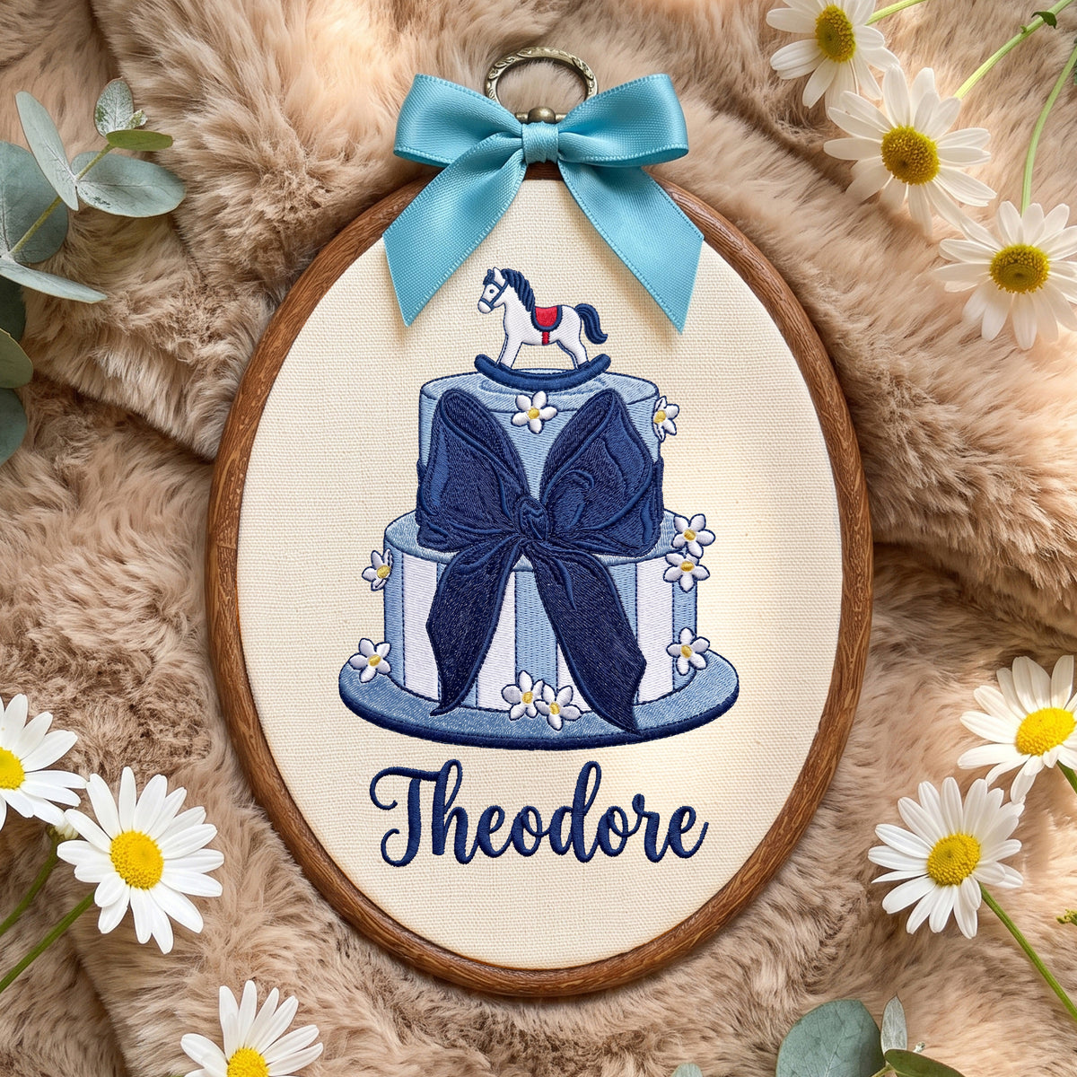 Handmade Baby Name Rocking Horse Cake Embroidery Hoop Art Custom Nursery Decor Keepsake