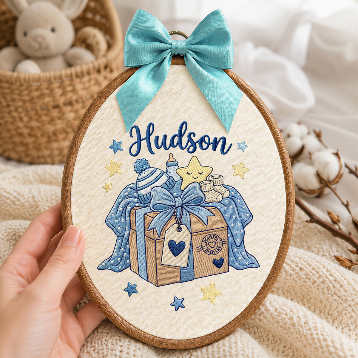 Personalized Baby Name Present Box Embroidery Hoop Art Custom Nursery Decor Keepsake