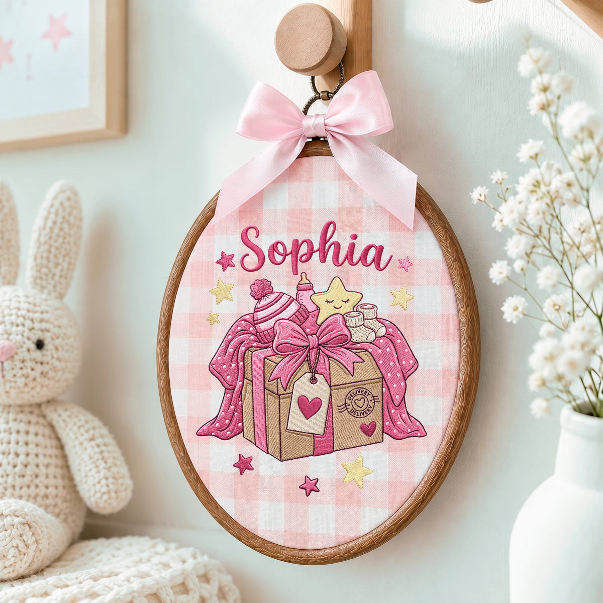 Handmade Baby Name Present Box Embroidery Hoop Art Custom Nursery Wall Decor Keepsake