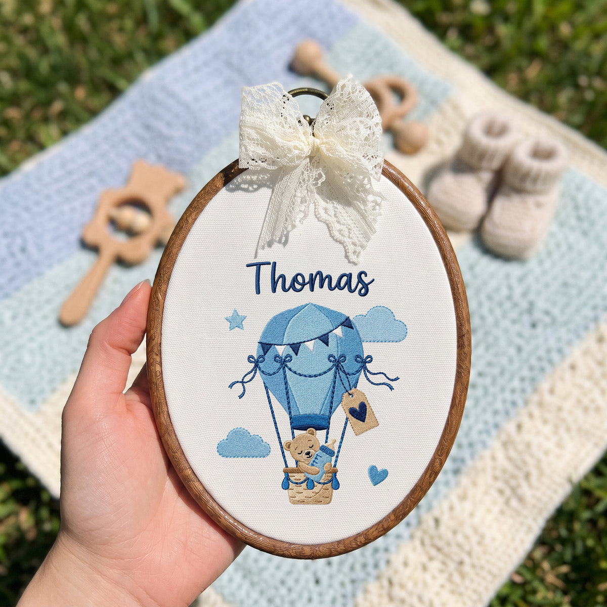 Personalized Baby Name Bear Balloon Embroidery Hoop Art Custom Nursery Decor Keepsake