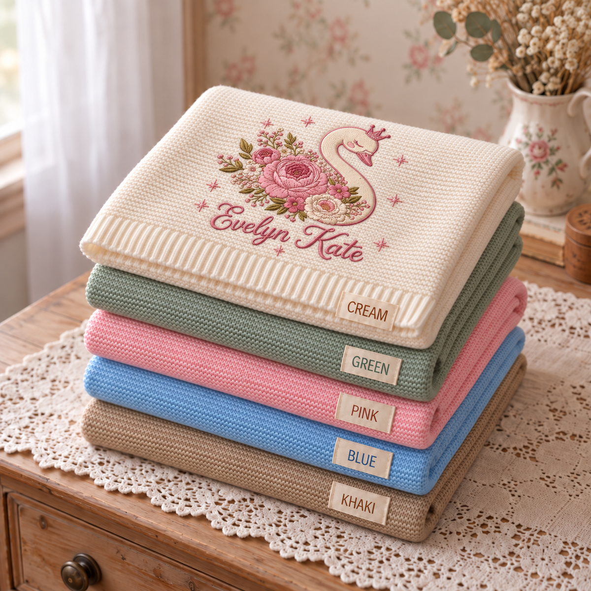 Custom Name Baby Knitted Blanket Swan Floral Crown Warm Infant Swaddle Sheet Throw Cover