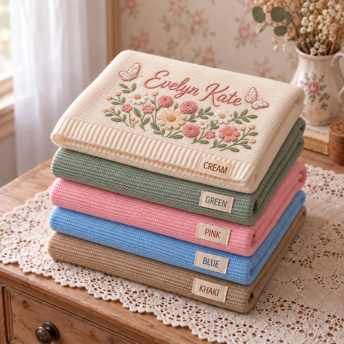 Custom Name Baby Knitted Blanket Garden Flowers Butterflies Warm Infant Swaddle Sheet