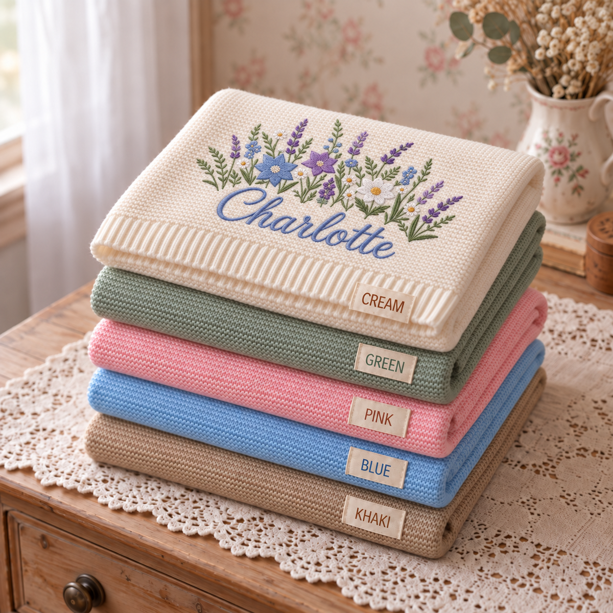 Custom Name Baby Knitted Blanket Lavender Wildflowers Warm Infant Swaddle Sheet Throw
