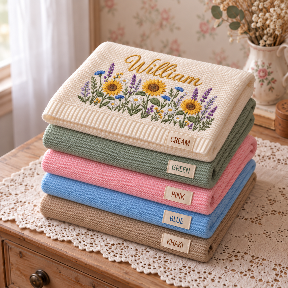 Custom Name Baby Knitted Blanket Sunflowers Lavender Warm Infant Swaddle Sheet Throw