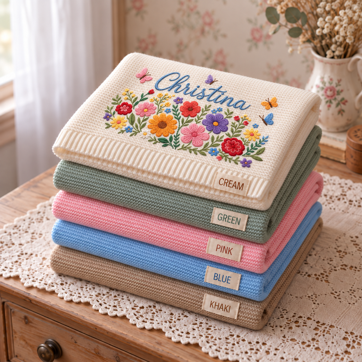 Custom Name Baby Knitted Blanket Wildflowers Butterflies Warm Infant Swaddle Sheet Throw