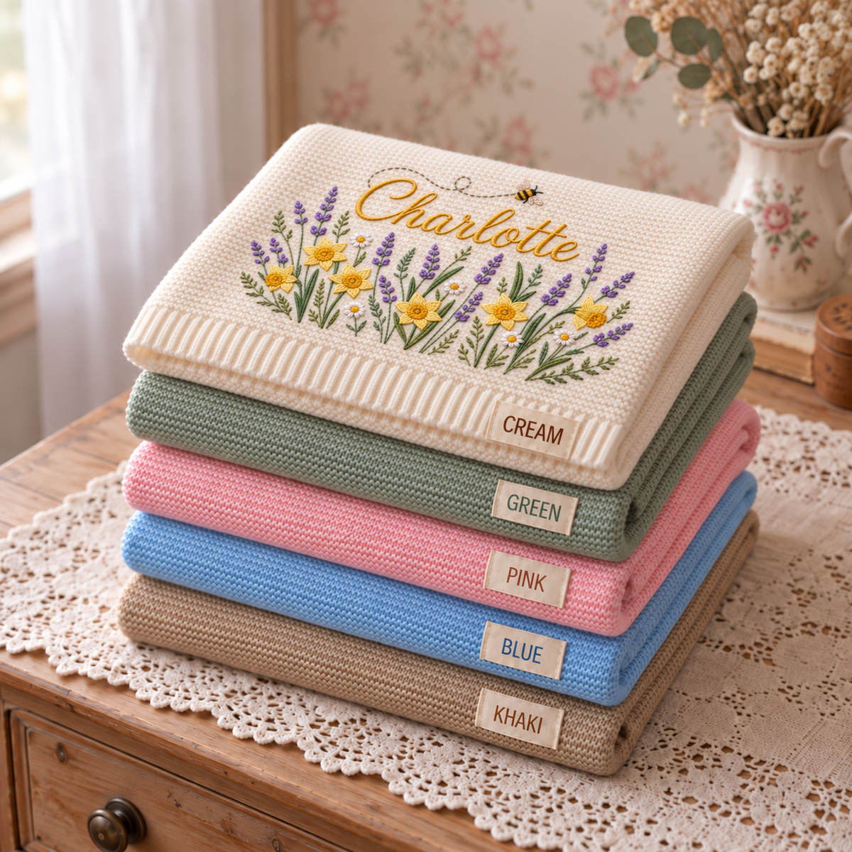 Custom Name Baby Knitted Blanket Daffodils Lavender Bee Warm Infant Swaddle Sheet Throw