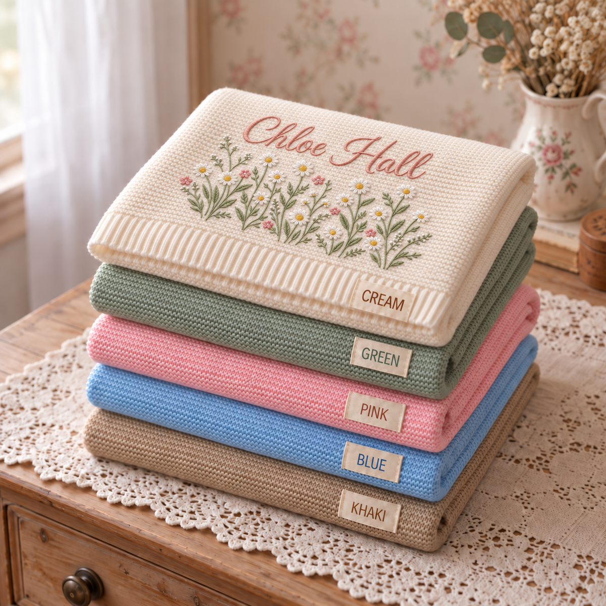 Custom Name Baby Knitted Blanket Daisy Flowers Garden Warm Infant Swaddle Sheet Throw