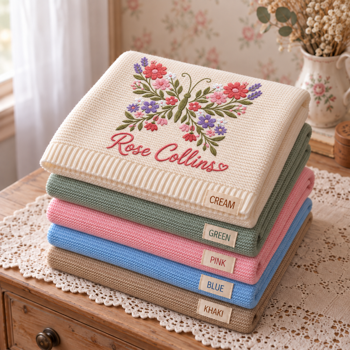 Custom Name Baby Knitted Blanket Floral Butterfly Warm Infant Swaddle Sheet Throw Cover