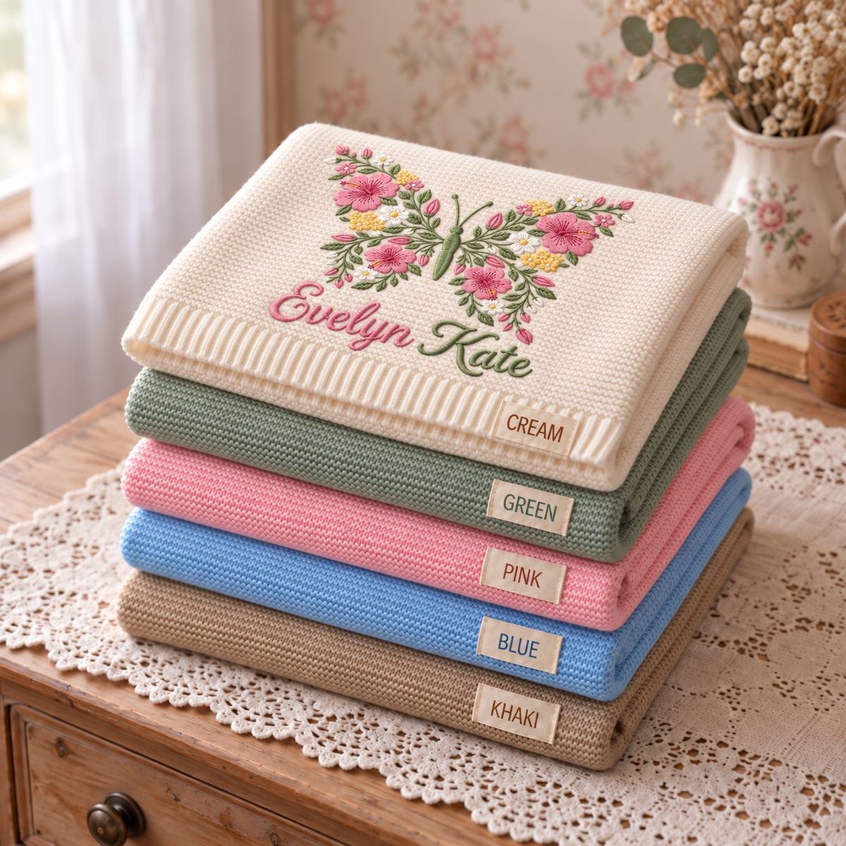 Custom Name Baby Knitted Blanket Butterfly Flowers Warm Infant Swaddle Sheet Throw Cover