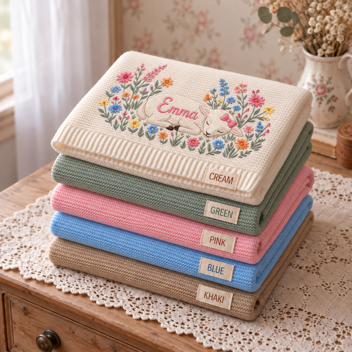 Custom Name Baby Knitted Blanket Sleeping Lamb Wildflowers Warm Infant Swaddle Sheet Throw