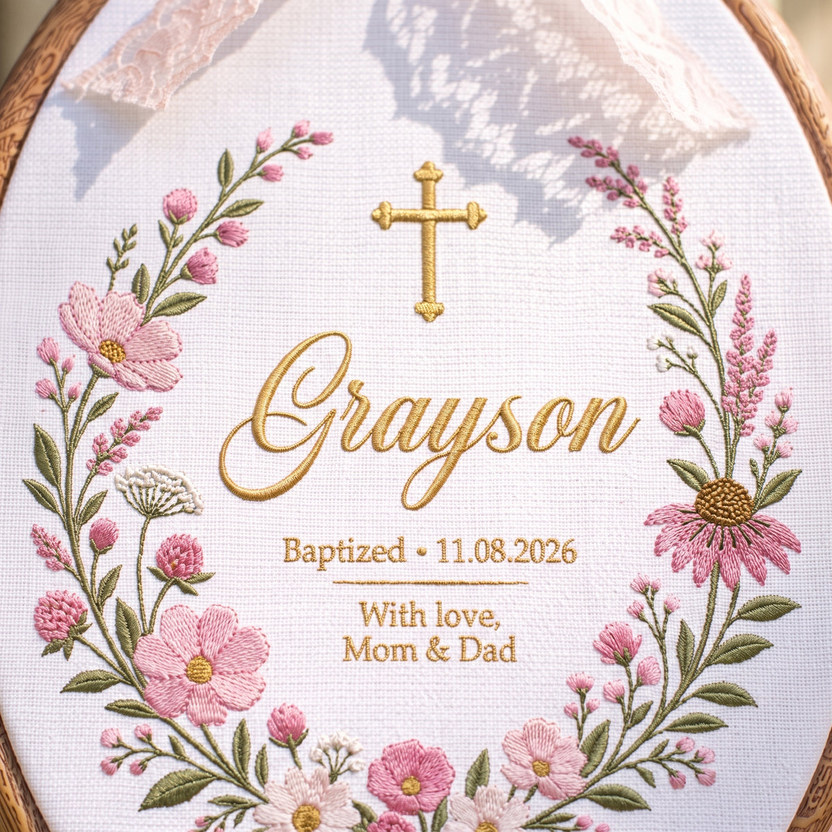 Personalized Baby Name Baptism Embroidery Hoop Art Custom Christening Floral Keepsake