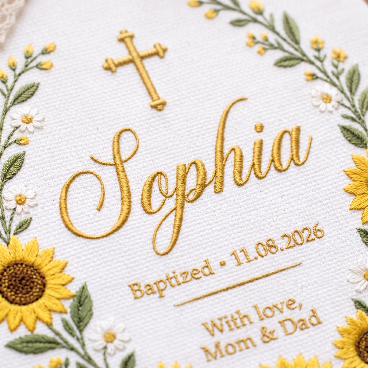 Personalized Baby Name Sunflower Baptism Embroidery Hoop Art Custom Christening Keepsake