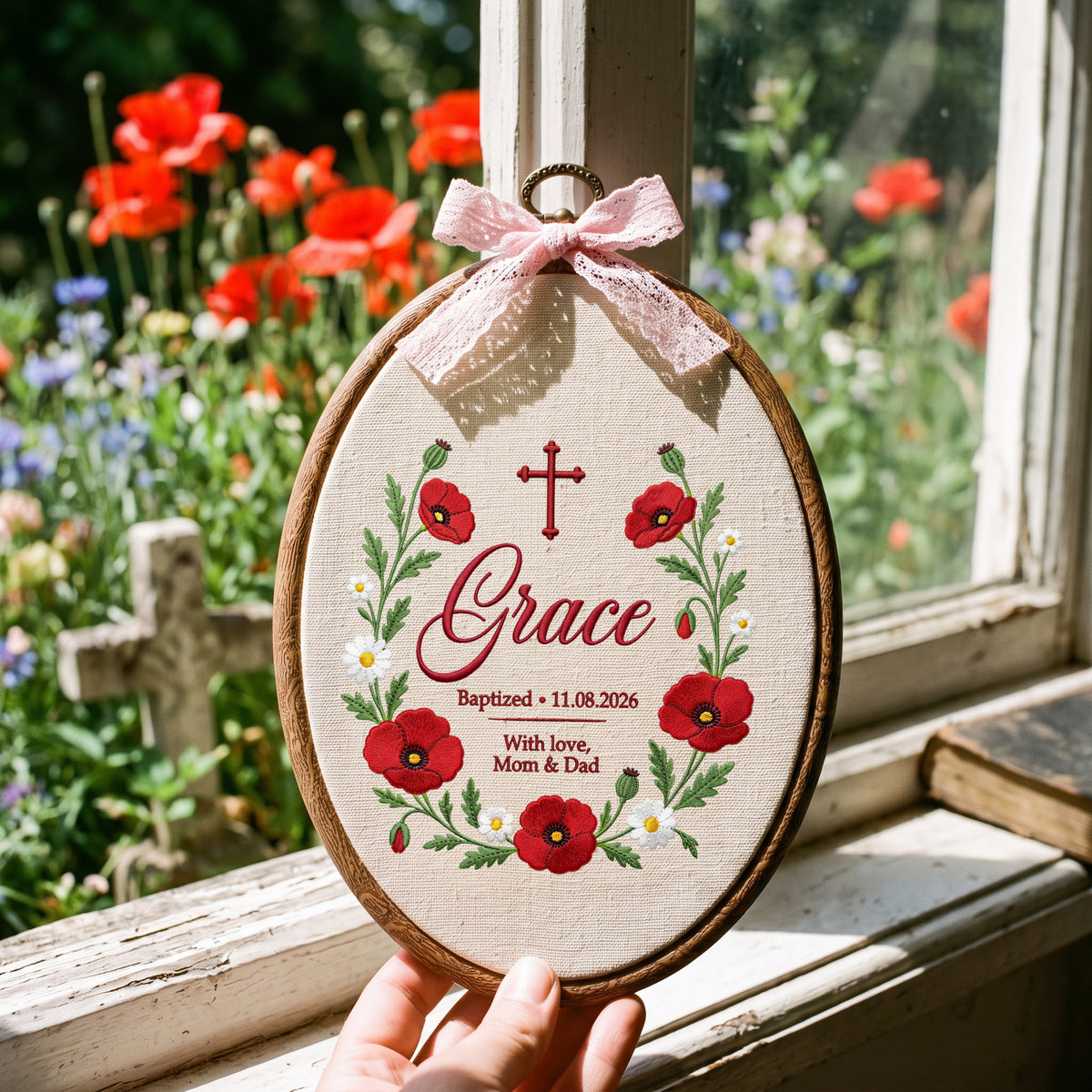 Personalized Baby Name Poppy Baptism Embroidery Hoop Art Custom Christening Keepsake