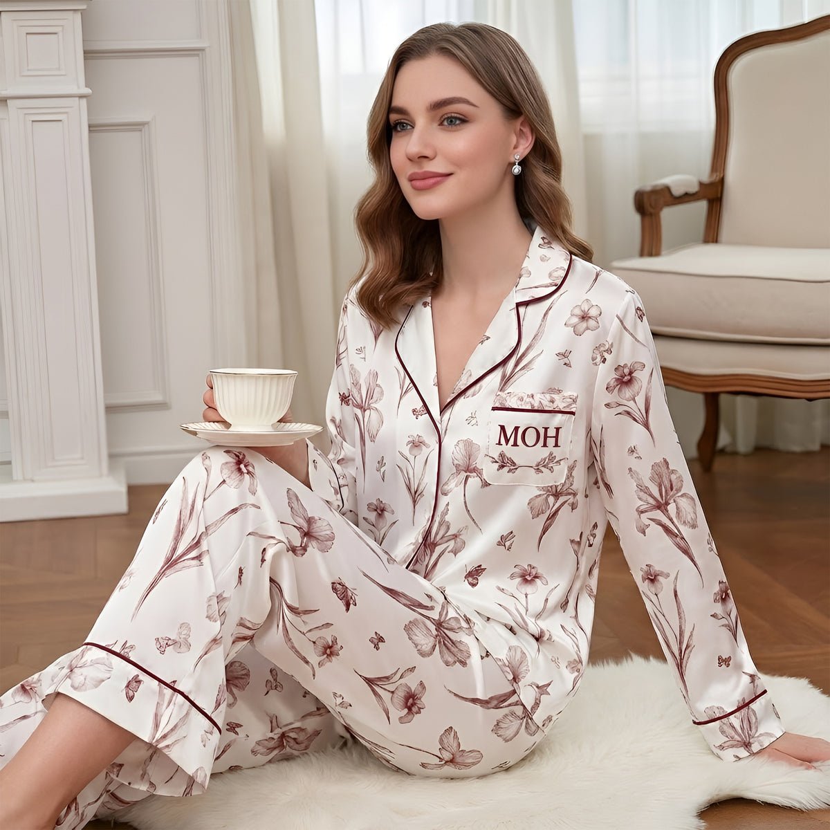 Custom Bridesmaid Pajamas Set Elegant Floral Print PJs Soft Bridal Party Sleepwear