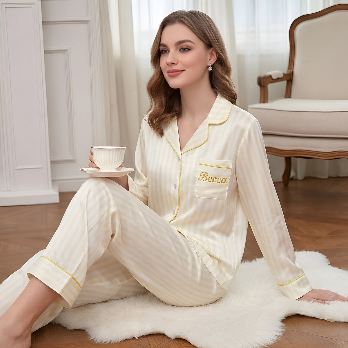 Custom Bridesmaid Pajamas Set Personalized Striped Name PJs Bridal Party Sleepwear
