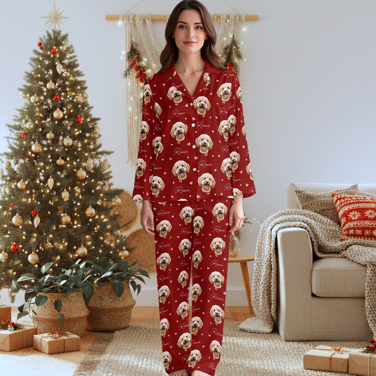 Custom Pet Face Pajamas Set Personalised Photo Name Sleepwear Gift for Cat Dog Mom