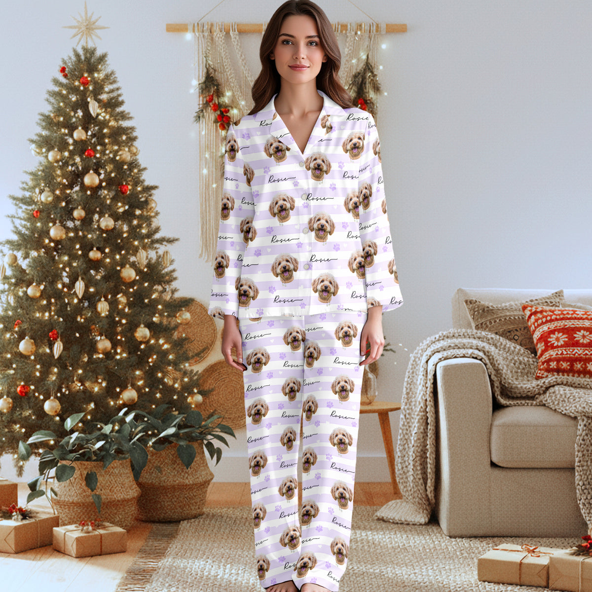 Custom Dog Face Pajamas Set Personalised Photo Name Striped Sleepwear Dog Lover Gift