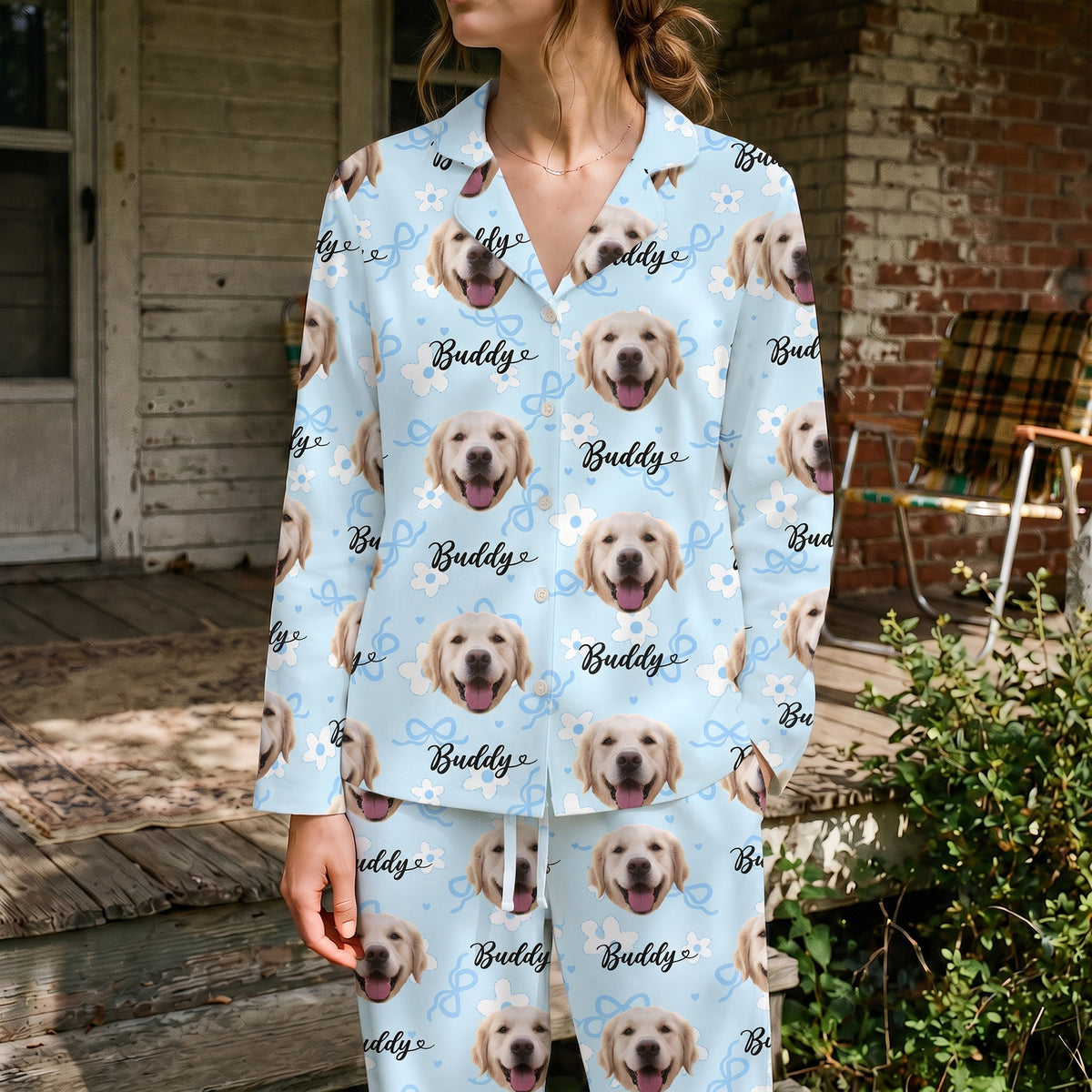 Custom Dog Face Pajamas Set Personalised Photo Name Floral Sleepwear Dog Mom Dad Gift
