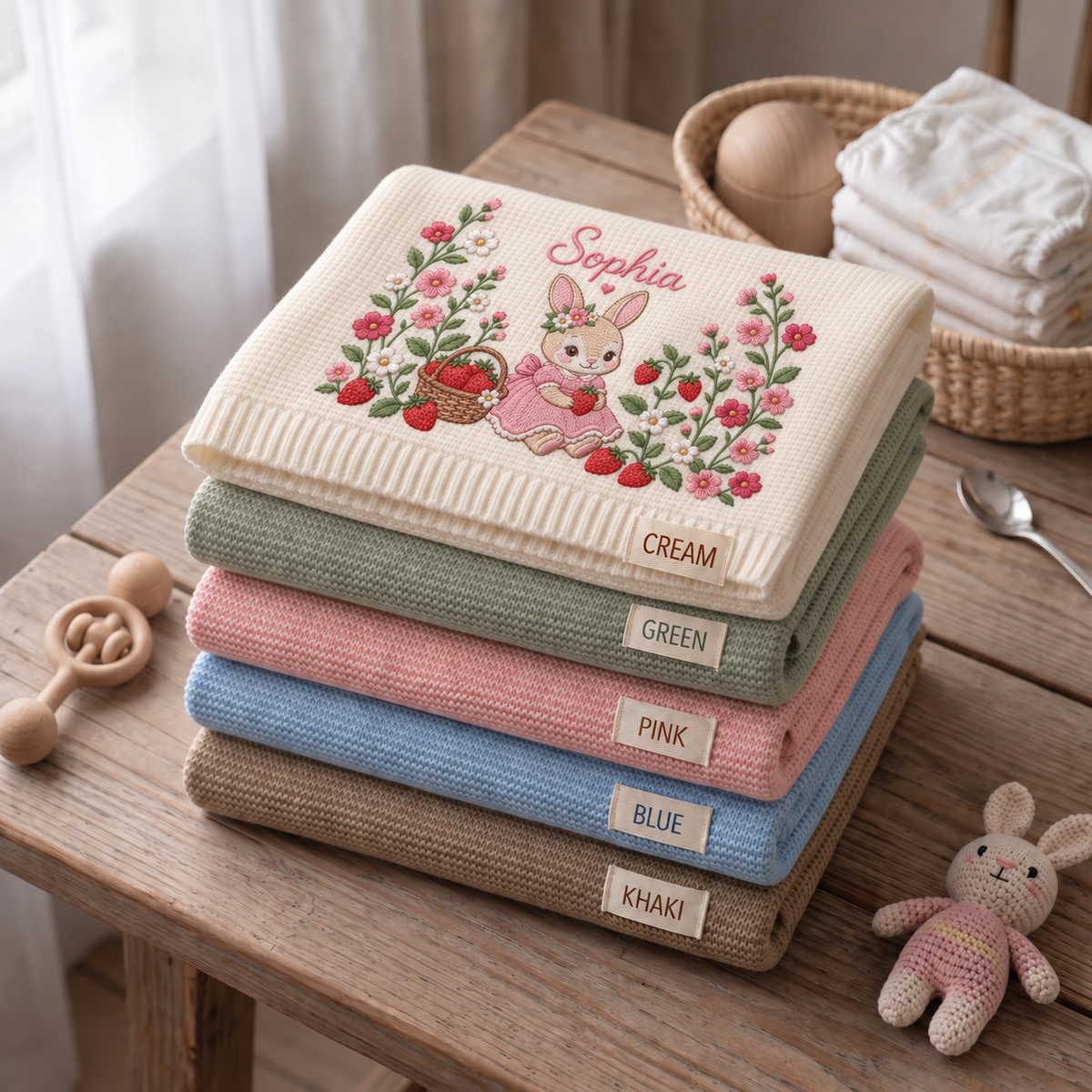 Custom Name Baby Knitted Blanket Bunny Rabbit Strawberry Flowers Warm Infant Swaddle Throw