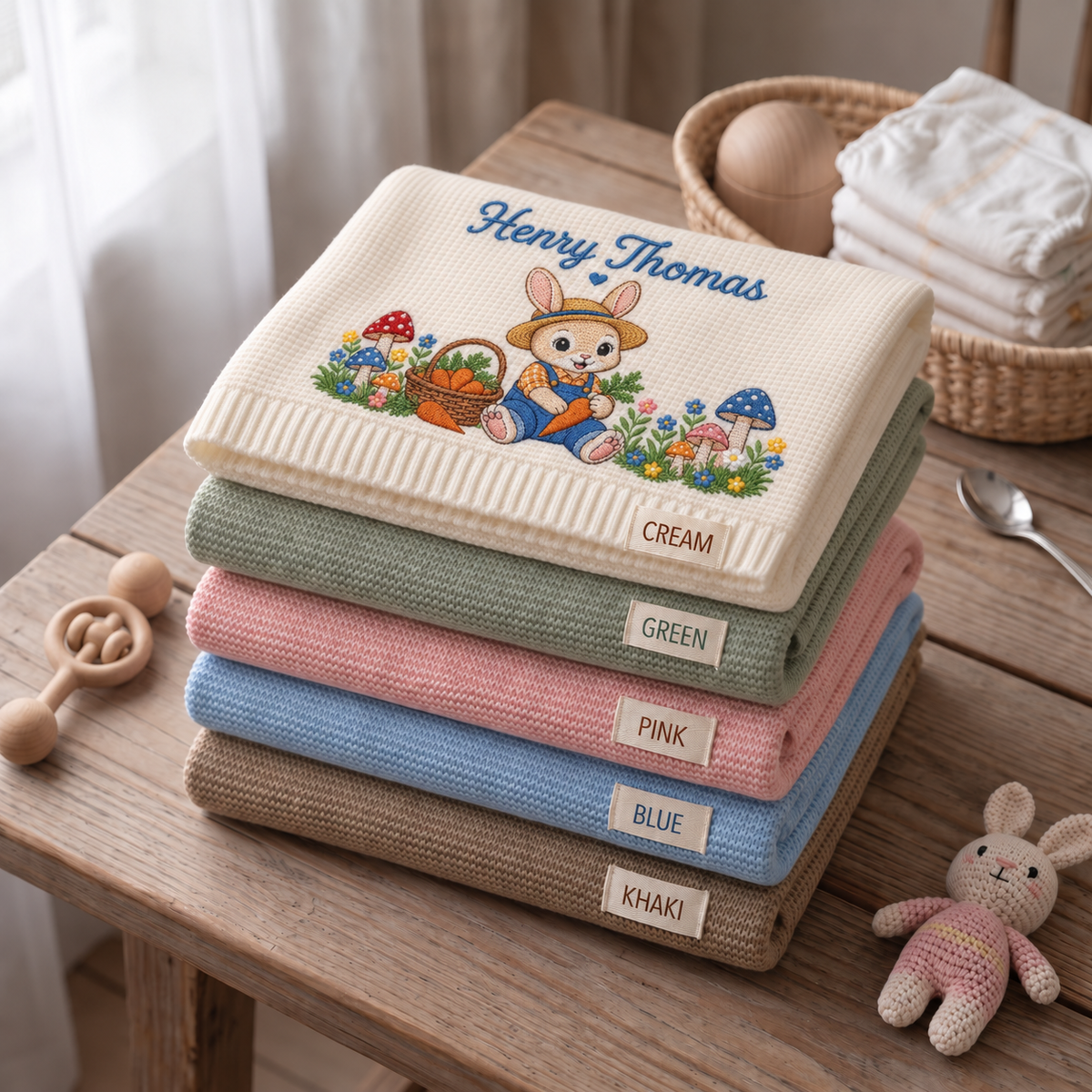 Custom Name Baby Knitted Blanket Bunny Rabbit Mushrooms Carrots Warm Infant Swaddle Throw