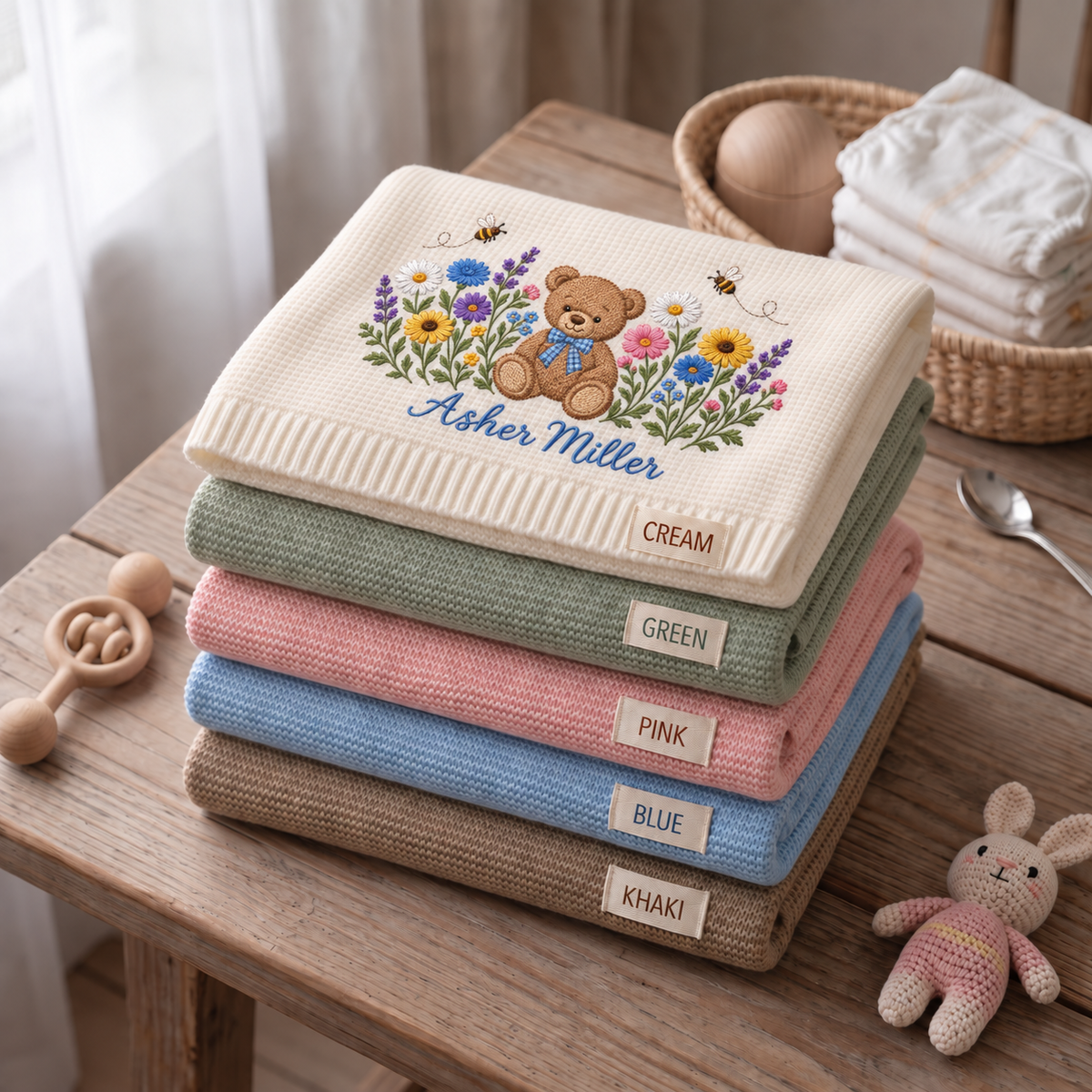 Custom Name Baby Knitted Blanket Teddy Bear Bees Wildflowers Warm Infant Swaddle Throw