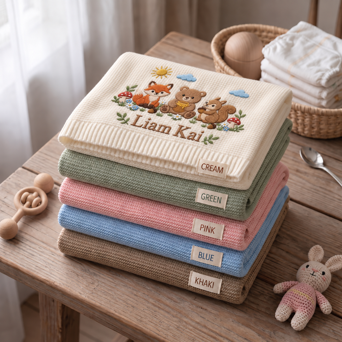 Custom Name Baby Knitted Blanket Woodland Animals Fox Bear Squirrel Swaddle Sheet Throw