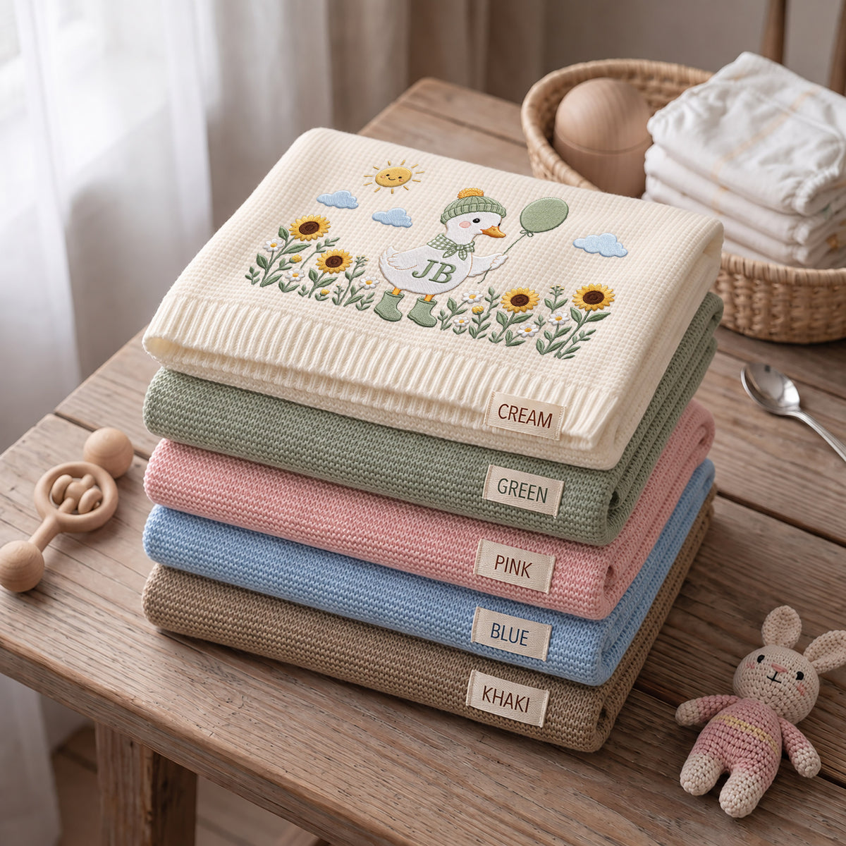 Custom Name Baby Knitted Blanket Duck Sunflowers Balloon Warm Infant Swaddle Sheet Throw