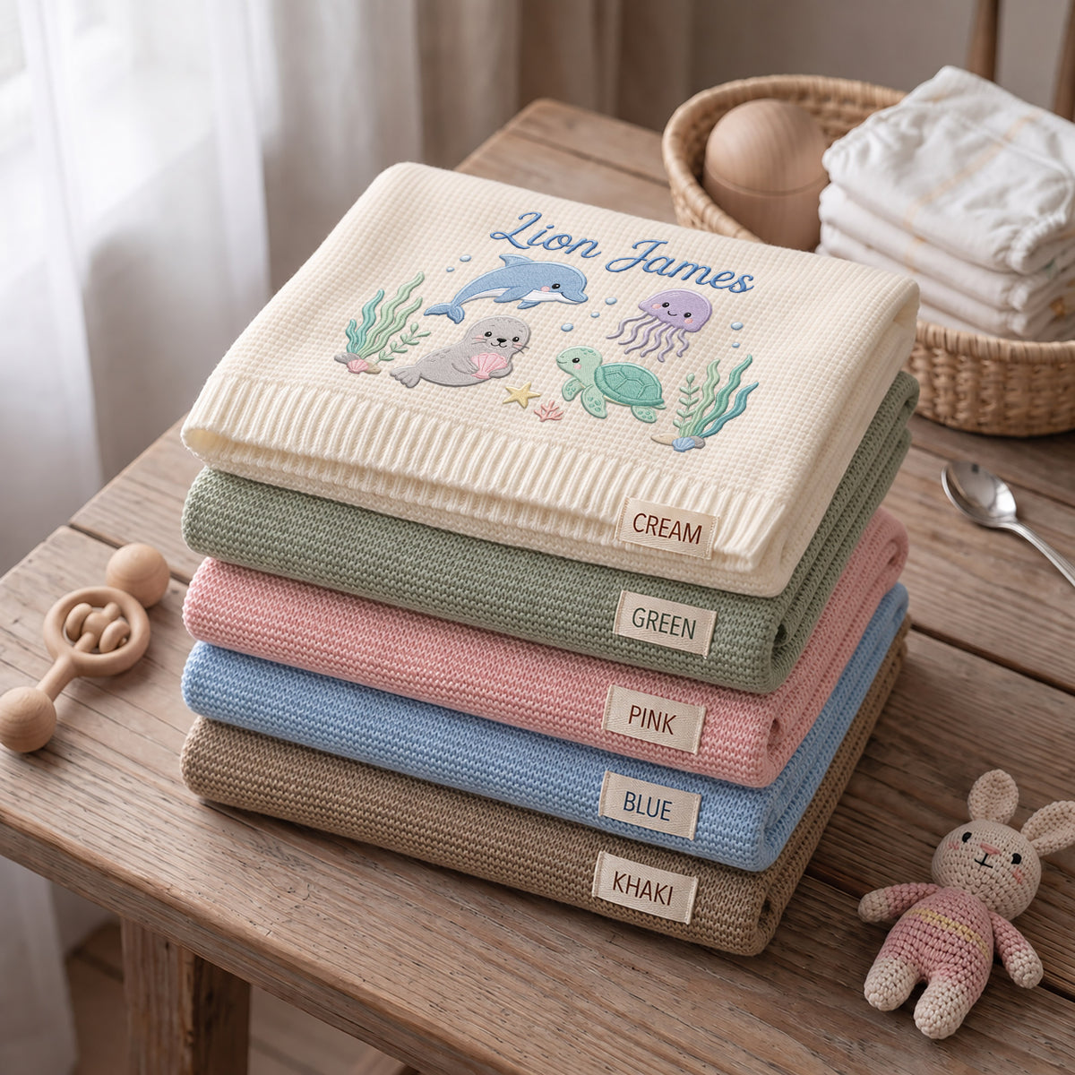 Custom Name Baby Knitted Blanket Dolphin Seal Sea Turtle Warm Infant Swaddle Sheet Throw