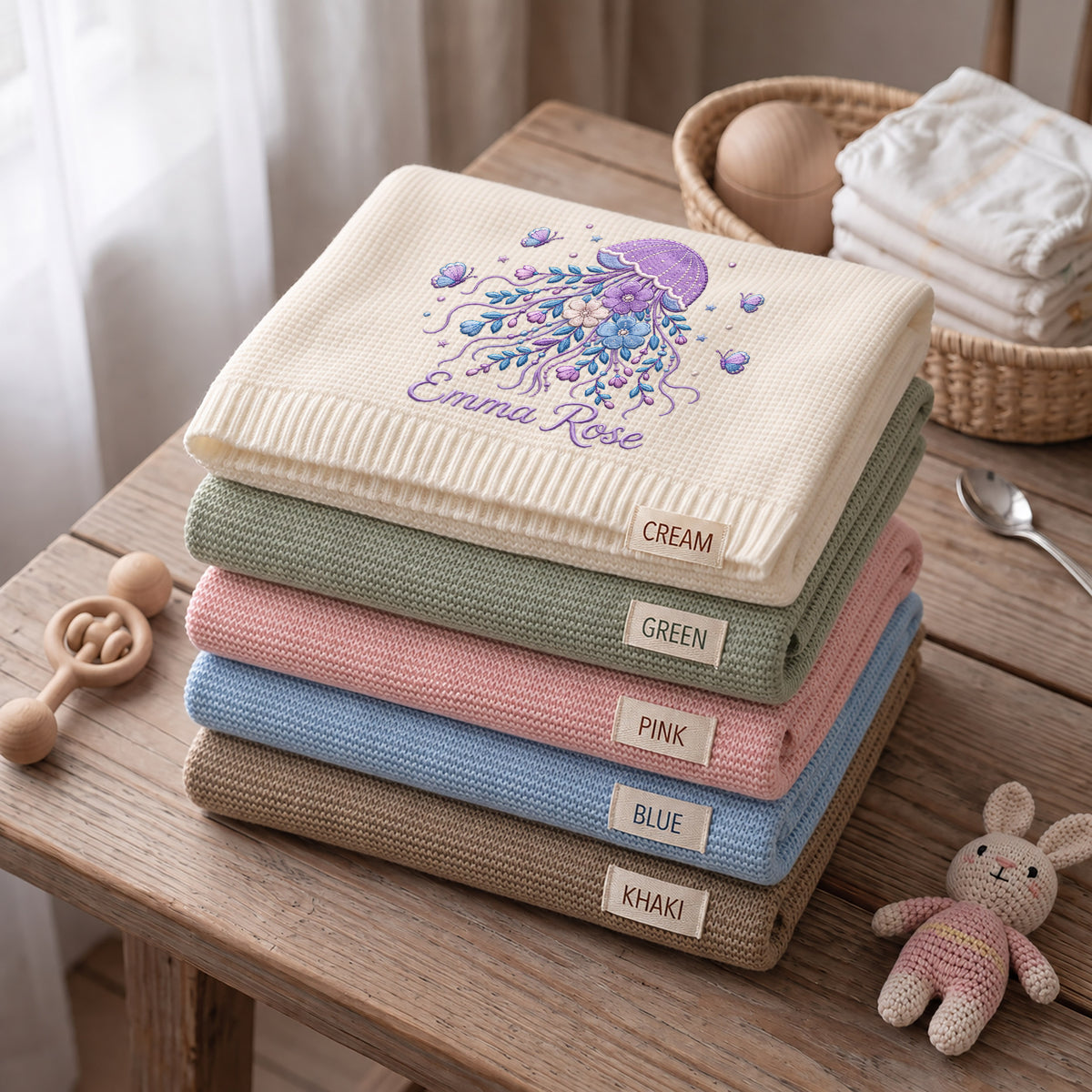 Custom Name Baby Knitted Blanket Jellyfish Floral Butterflies Warm Swaddle Sheet Throw