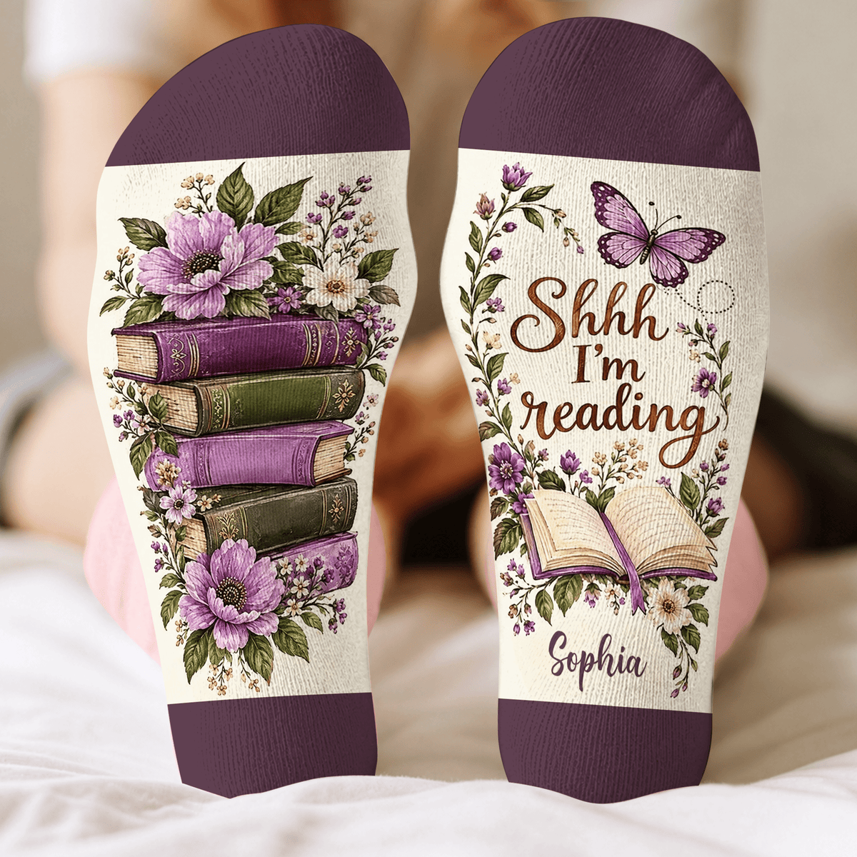 Custom Book Socks with Floral Butterfly, Socks for Women and Men with Style, Christmas Gifts and Book Lovers Gifts for Reading Time, Pallyprints Co.