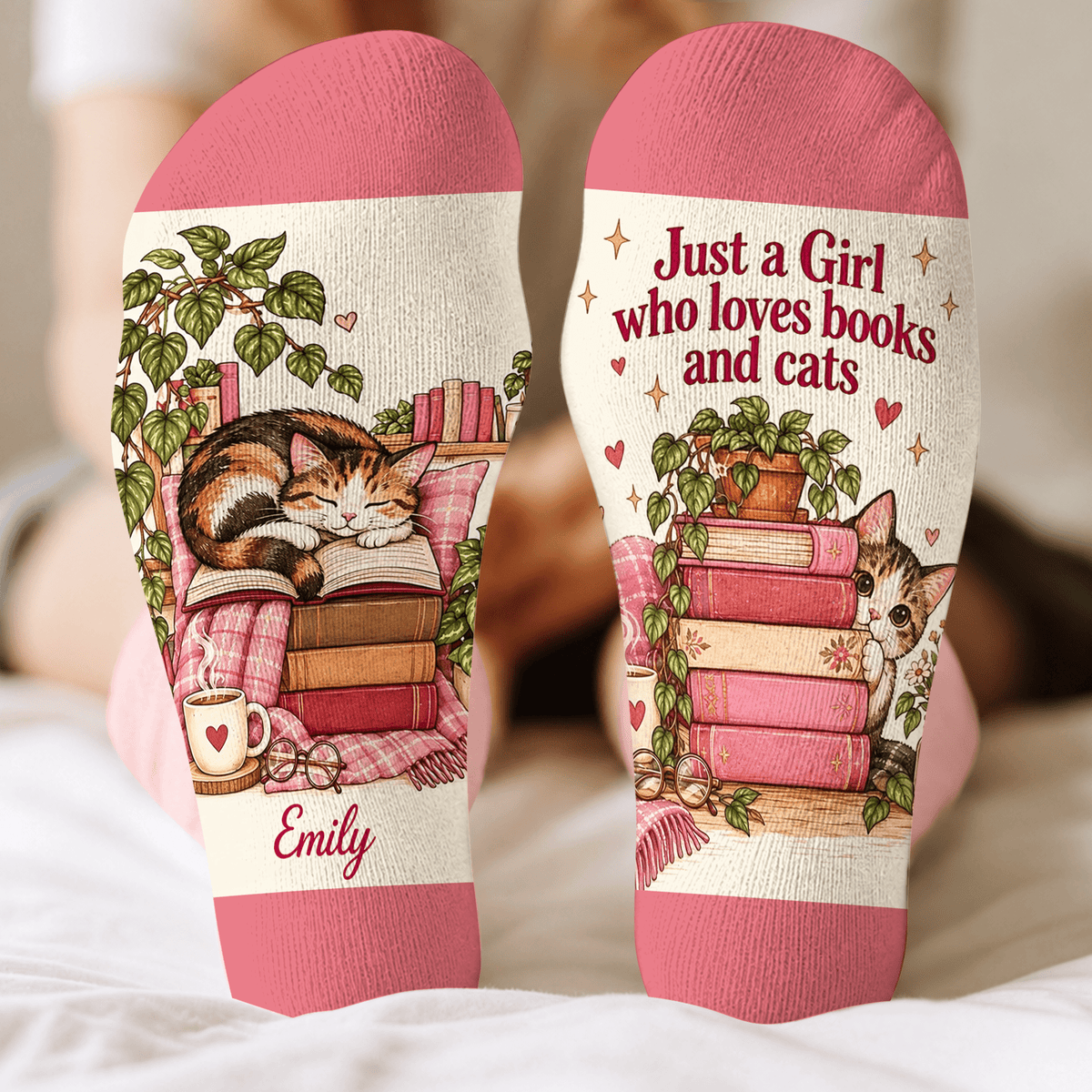 Custom Book Socks with Girl and Cat Reader Art, Socks for Women and Men with Style, Christmas Gifts and Book Lovers Gifts for Reading, Pallyprints Co.