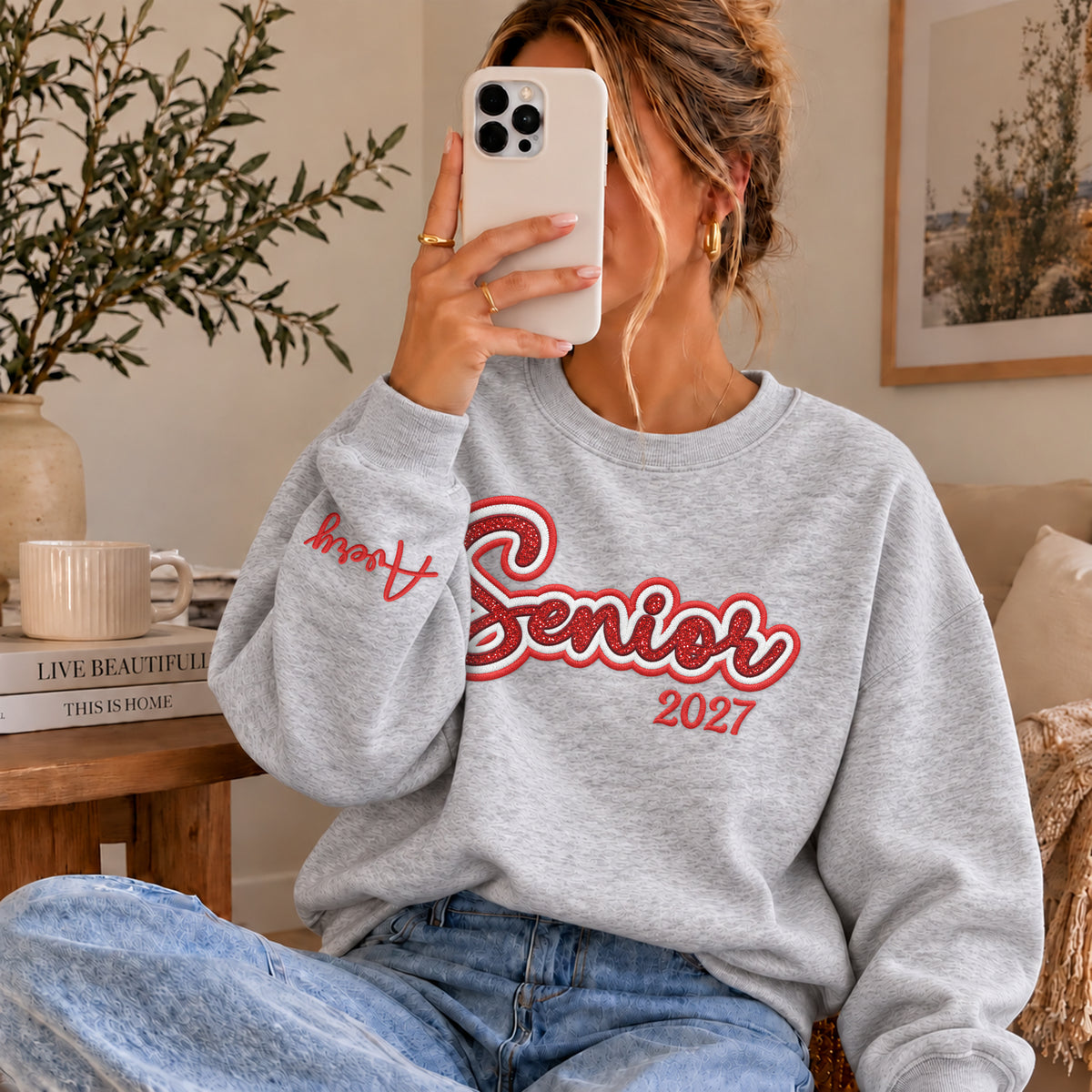 Senior Sweatshirt Custom Name Sleeve Embroidered Glitter Class of Any Year Gift