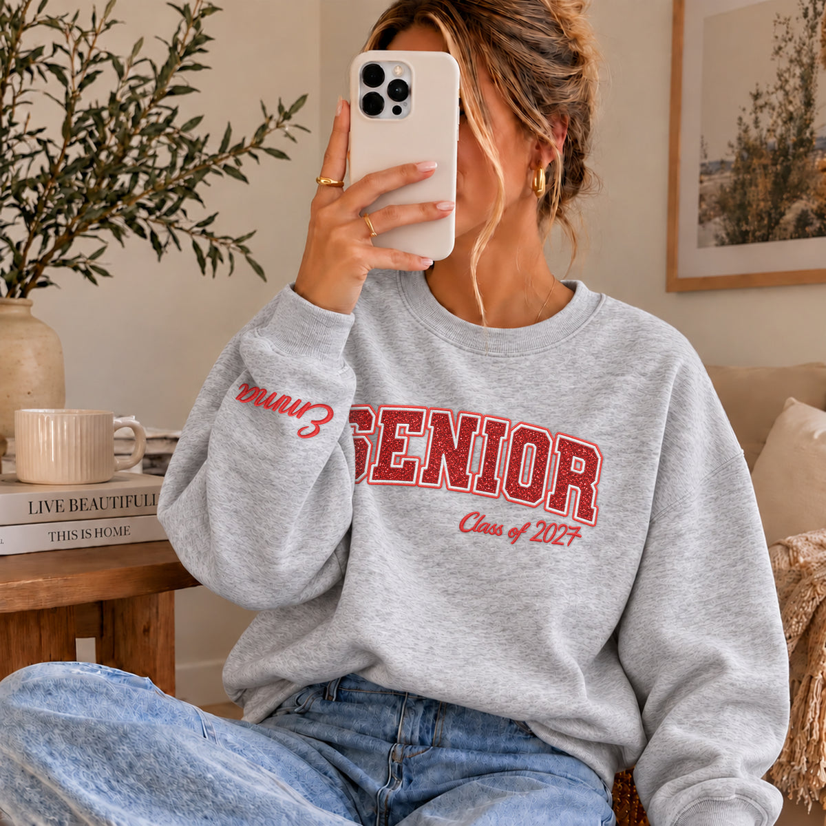 Senior Sweatshirt Glitter Varsity Letter Embroidered Custom Sleeve Name Grad Gift