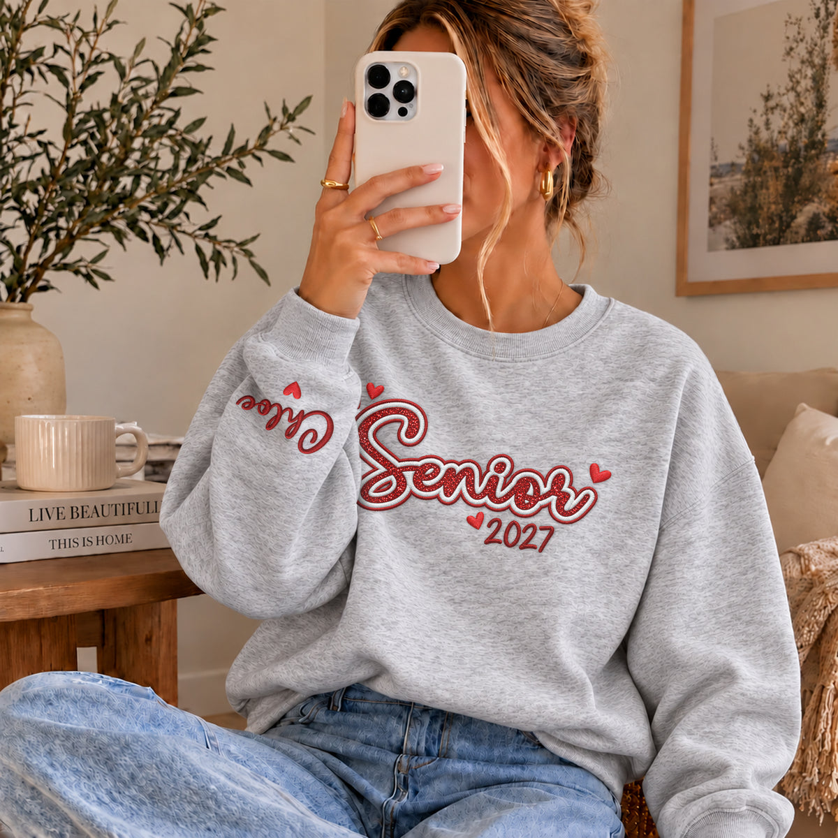 Senior Sweatshirt Custom Name Sleeve Heart Glitter Embroidery Grad Gift Crewneck