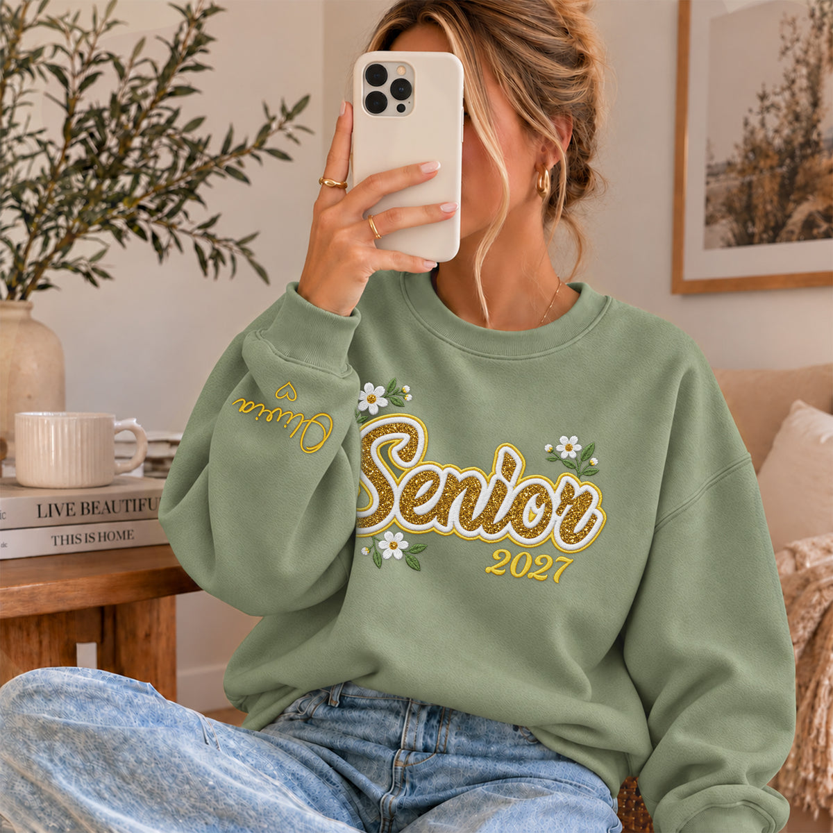 Senior Sweatshirt Floral Daisy Glitter Embroidery Custom Name Sleeve Grad Gift