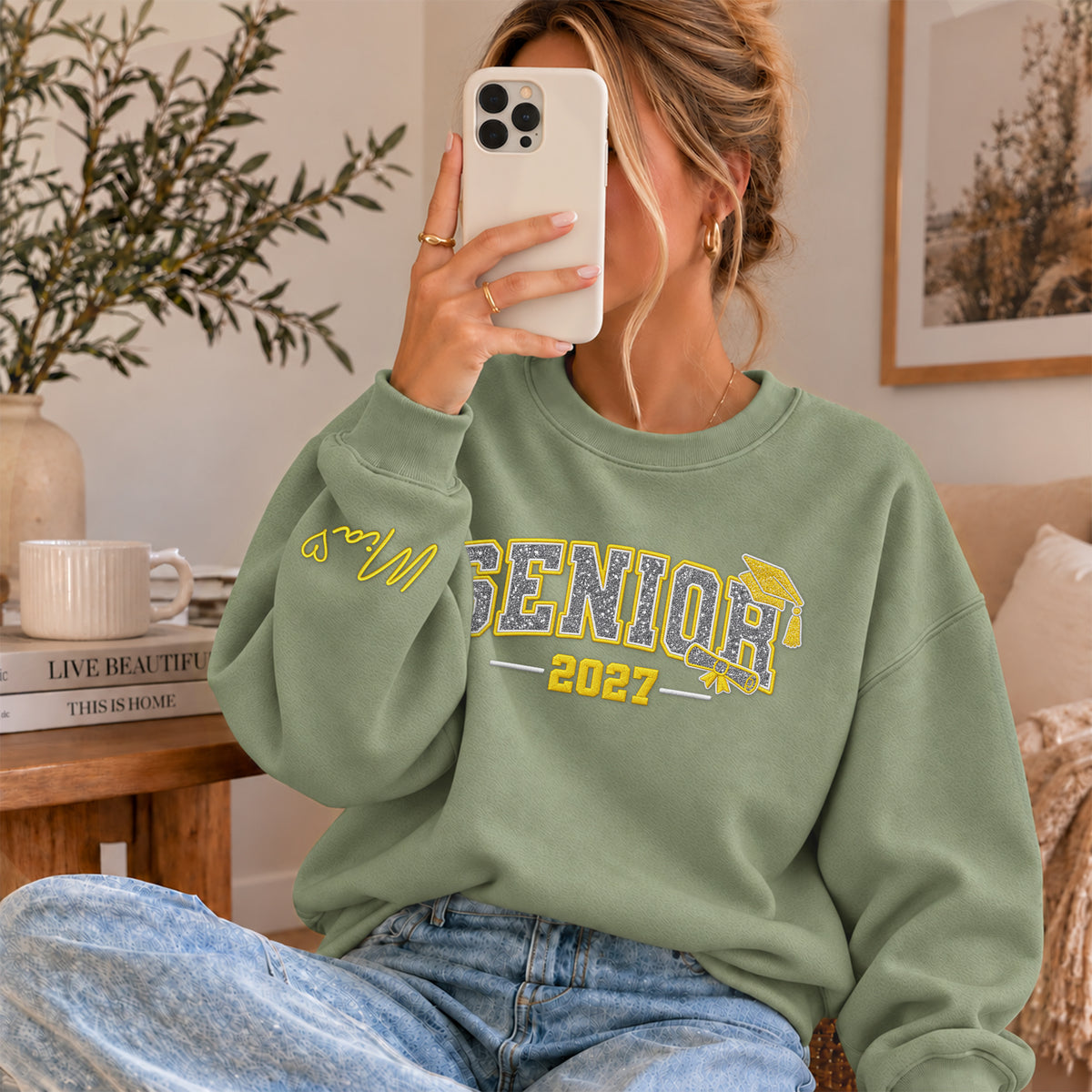 Senior Sweatshirt Grad Cap Diploma Silver Glitter Embroidery Custom Name Sleeve