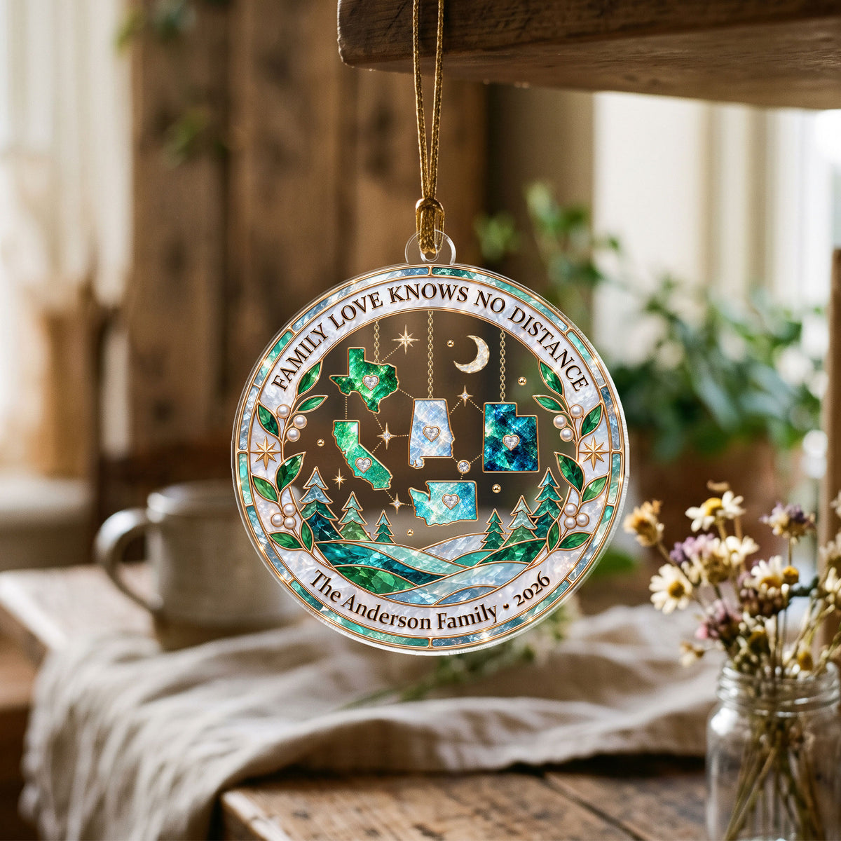 Personalized Family Love Knows No Distance Acrylic Ornament Custom Christmas State Gift