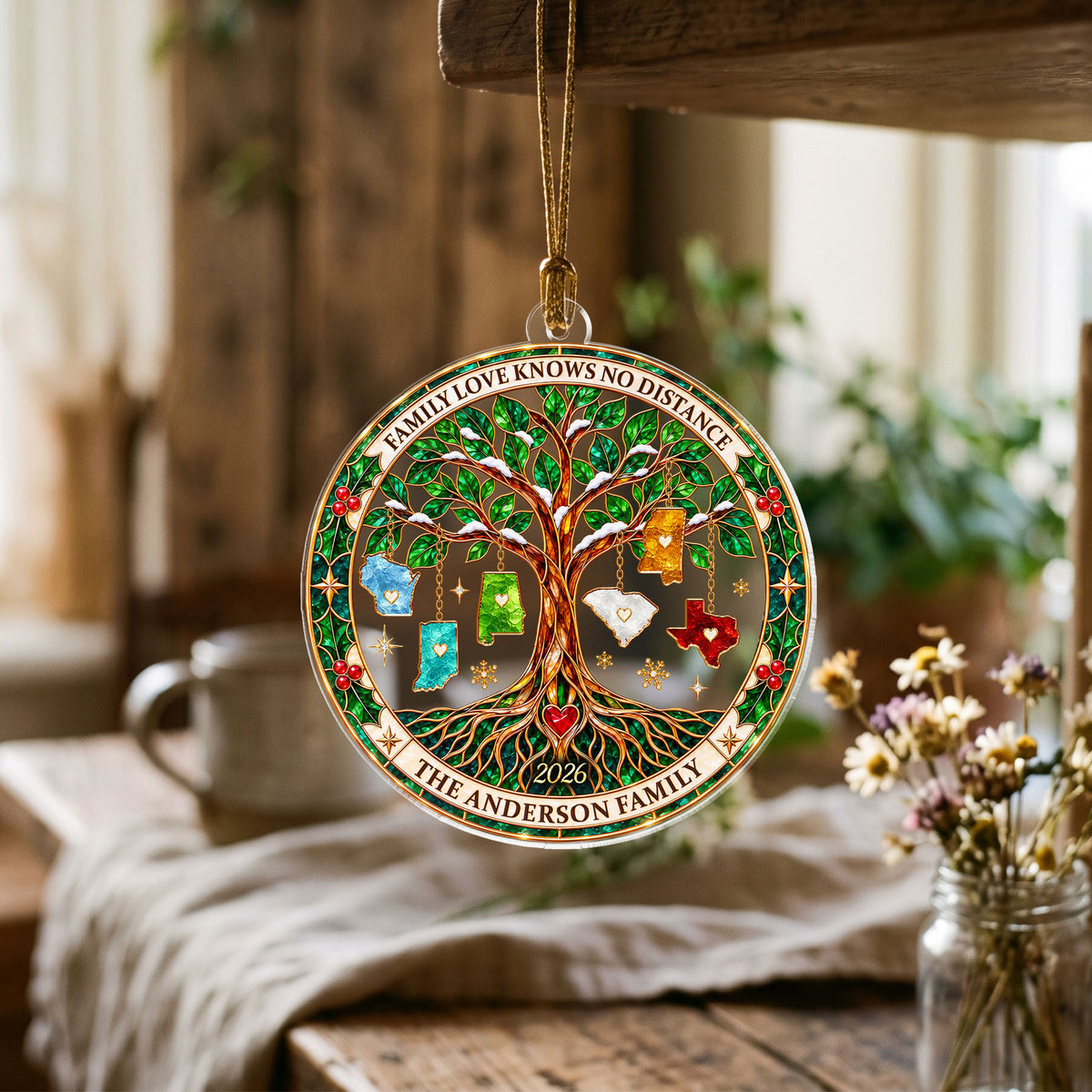 Custom Family Tree State Acrylic Ornament Long Distance Christmas Tree Keepsake Gift