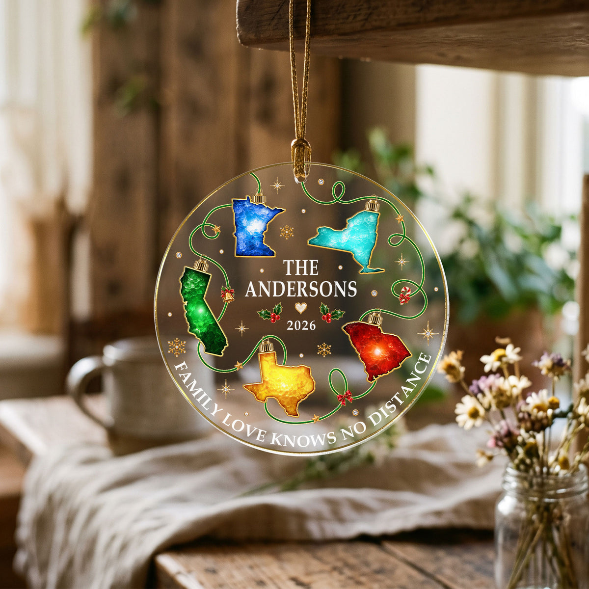 Personalized Christmas Light State Acrylic Ornament Long Distance Family Tree Decor