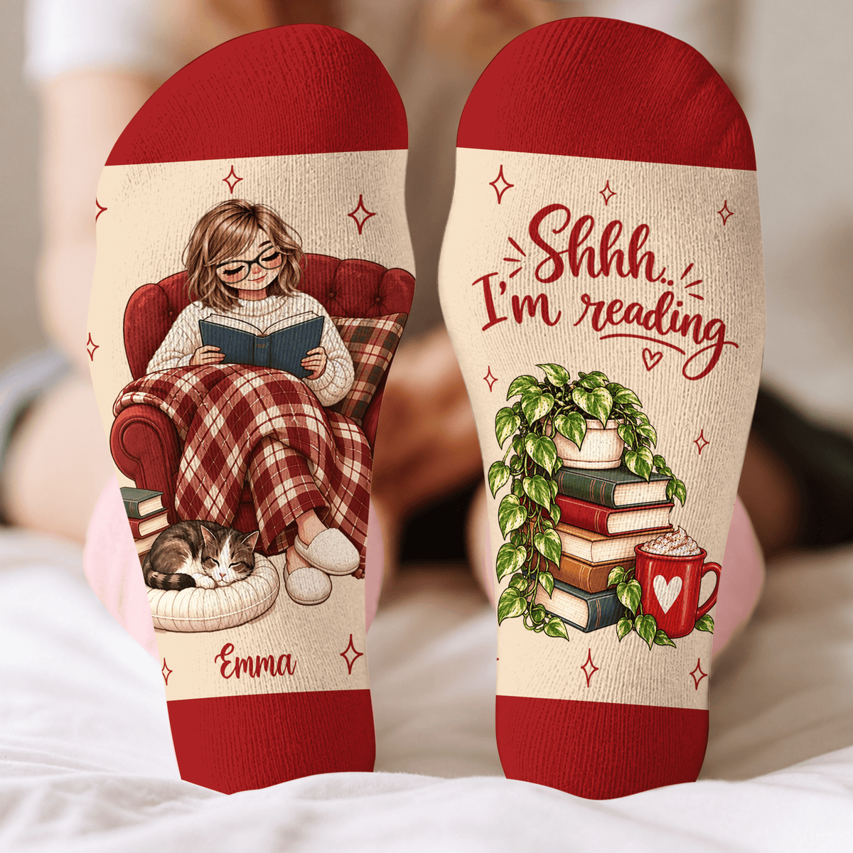 Cat Reader Custom Book Socks, Socks for Women and Men with Soft Comfort, Book Lovers Gifts and Christmas Gifts for Cozy Reading Time, Pallyprints Co.